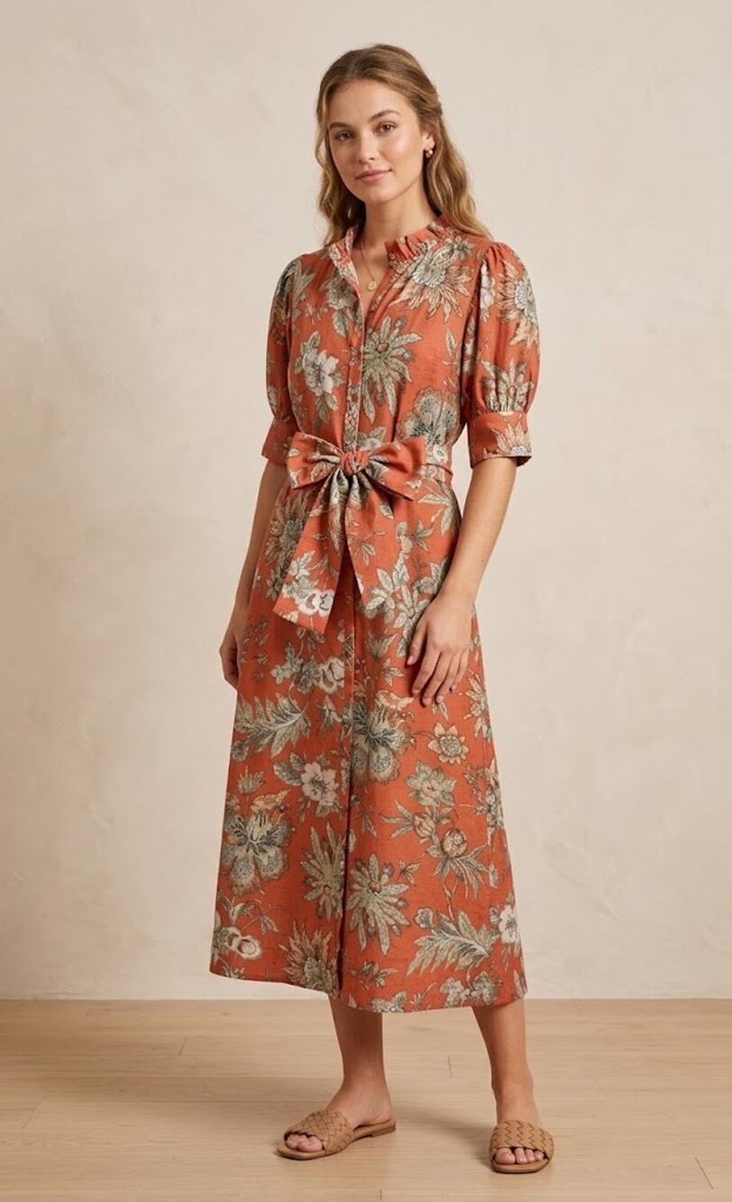 Buru Cotton Ruffle Neck Midi Shirt Dress Rust Floral Small